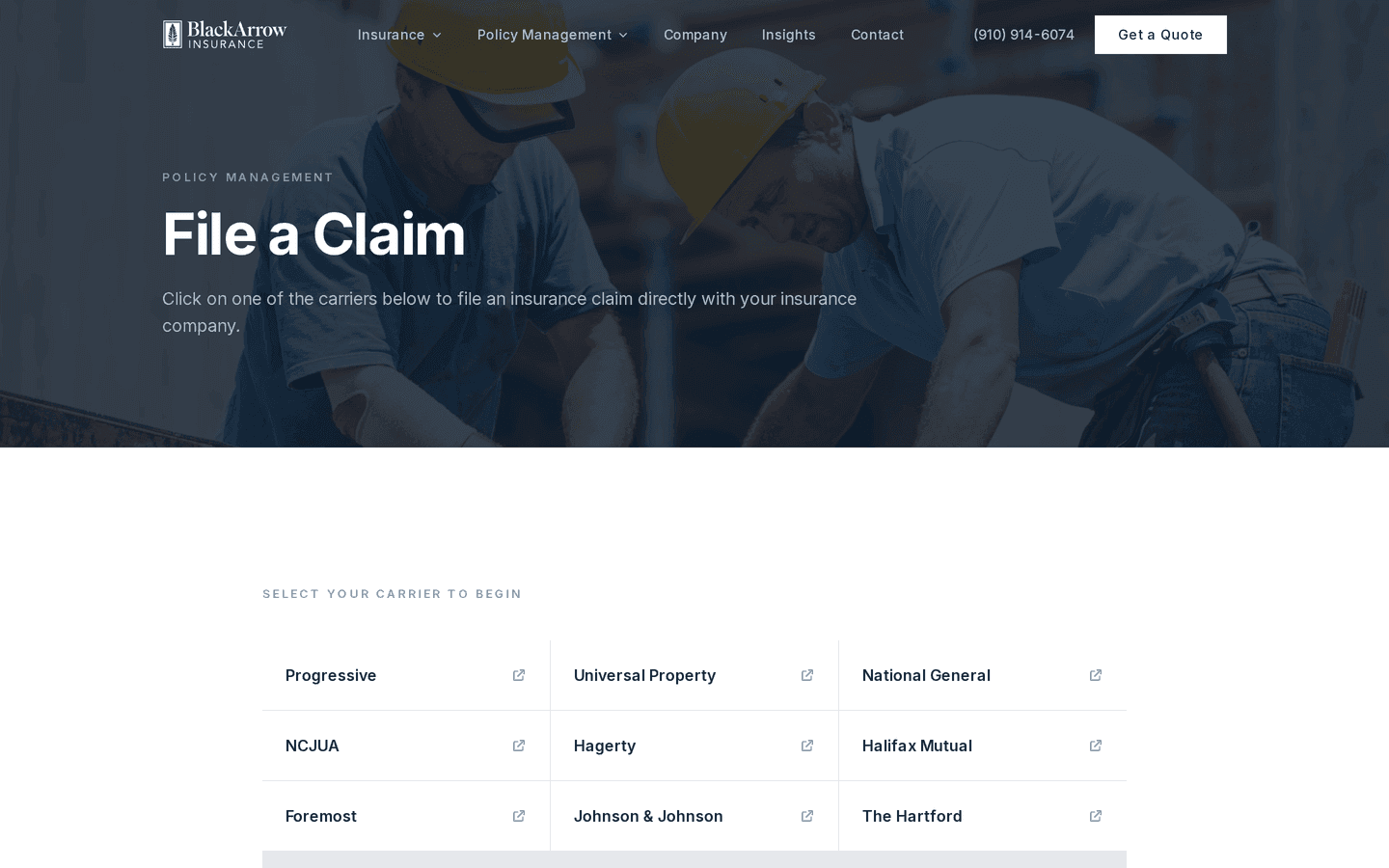 File a Claim page — direct links into every one of BlackArrow's 18 carrier partners' claims portals