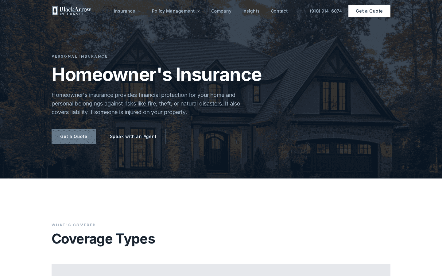 Homeowner's coverage detail page — one of seventeen templated coverage pages, each with Schema.org JSON-LD