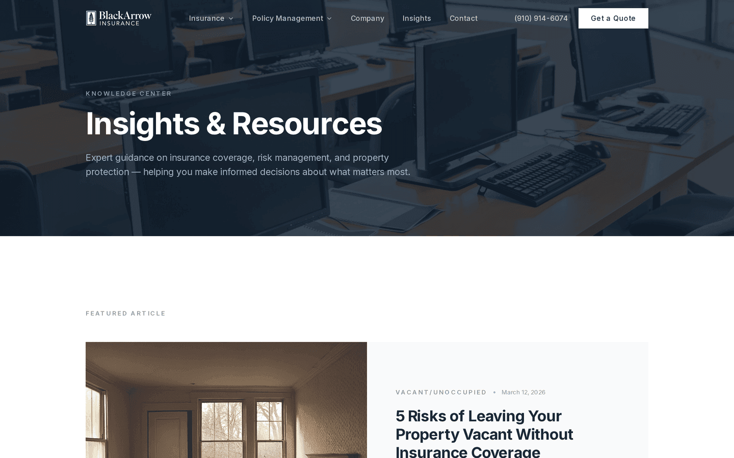 BlackArrow Insights knowledge center — 51 articles across 17 topic categories, cross-linked to coverage pages