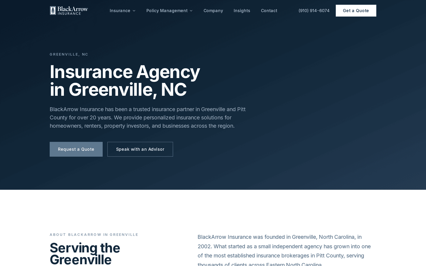 Greenville, NC location lander — hyper-local SEO page for the Pitt County market with InsuranceAgency JSON-LD