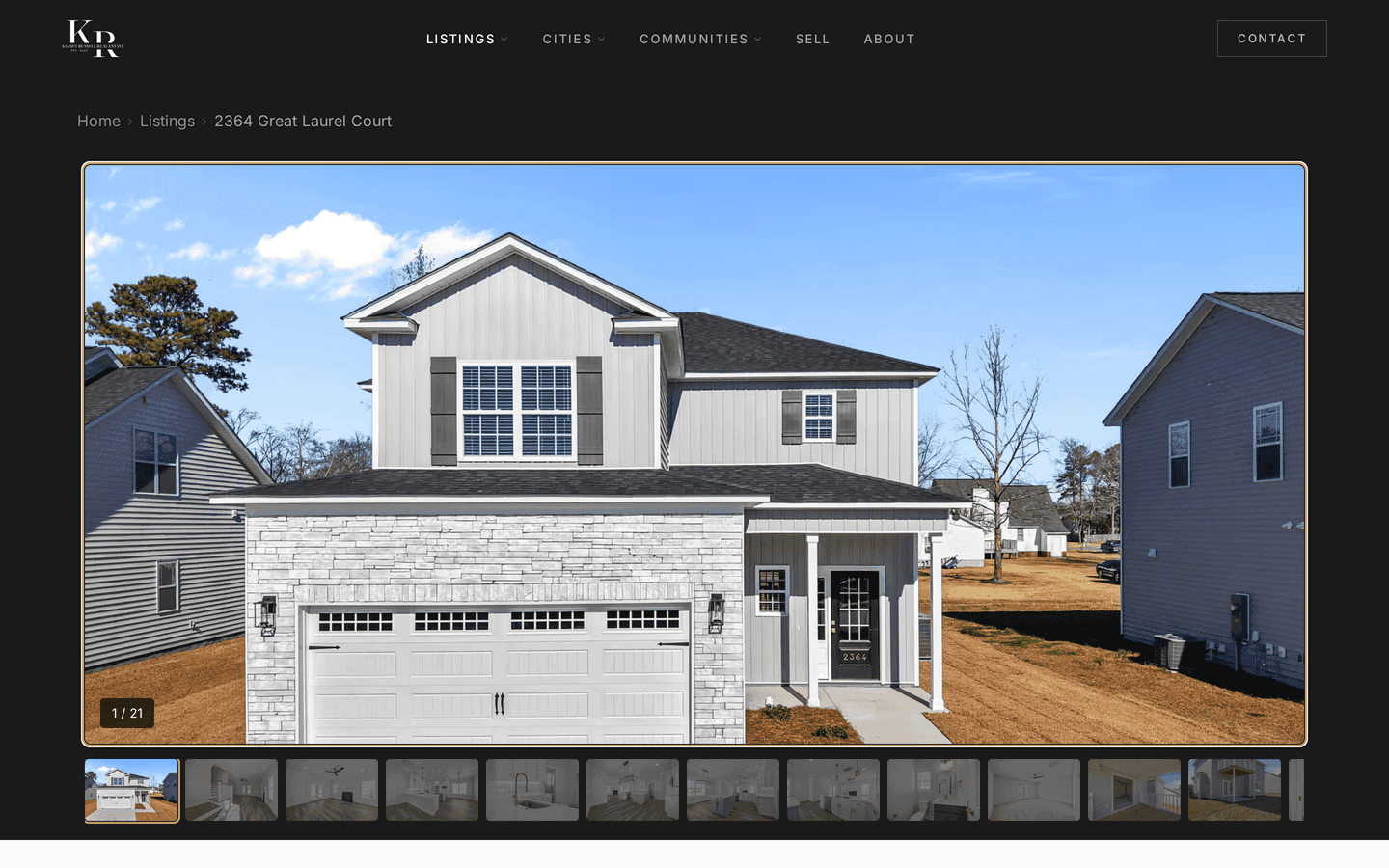 Individual listing page on kinseyrussell.com — photo gallery, property stats, inquiry CTA, all driven by the listings CMS